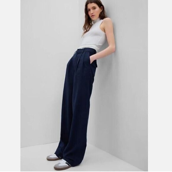 GAP Pleated Soft Linen-Cotton Wide-Leg Navy Blue Pants 12 PETITE #541190 RT$90 - Picture 1 of 6
